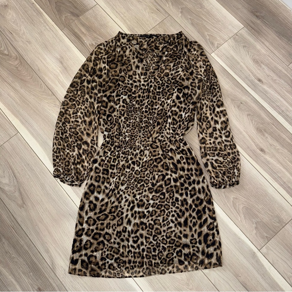 White House Black Market Leopard Print Mini Dress shimmer long sleeve v neck